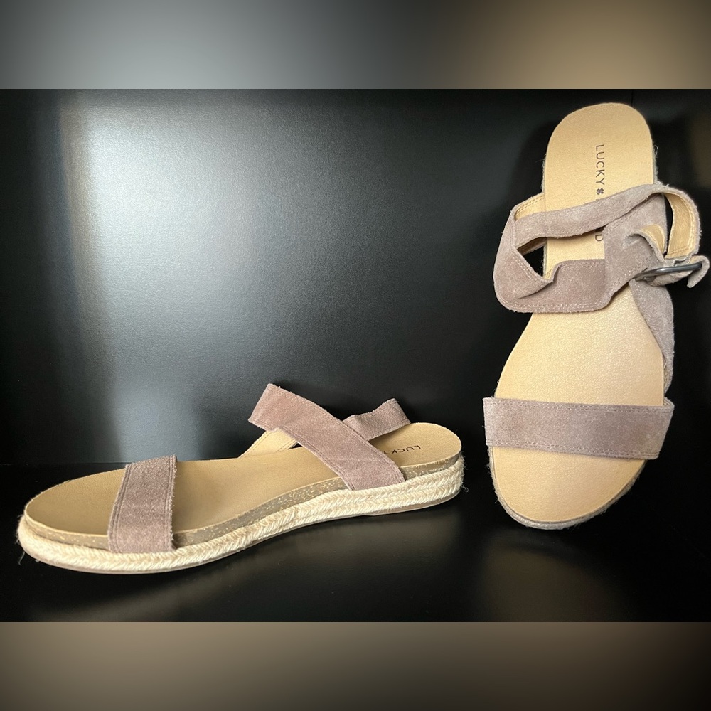 Lucky Brand Taupe Suede Espadrille Slide Sandals